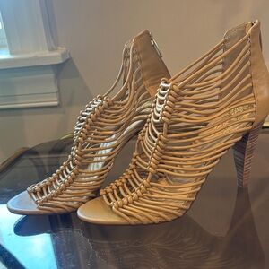 Vince Camuto Woven Strappy Tan High Heel Sandals- like new